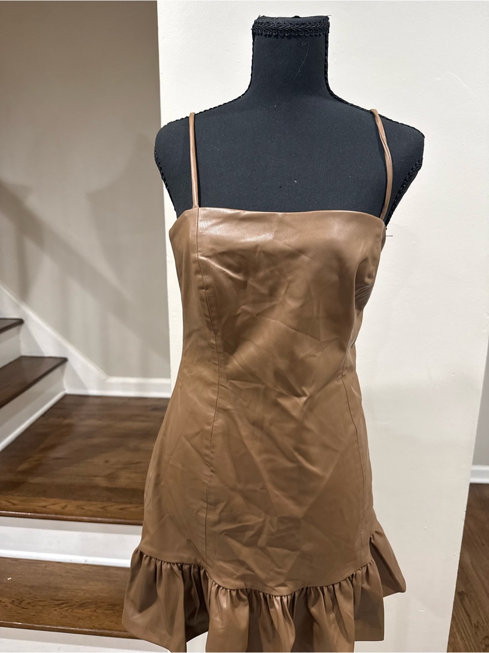 Zara Brown Faux Leather Ruffle-Hem Mini Dress